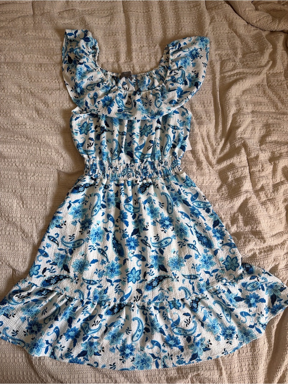 White & Blue Floral Midi Dress with Ruffle Neck